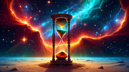 Time, Sand, and Cosmos: An Hourglass in a Desert Landscape under a Bright Galactic Sky, Symbolizing Eternity, Mystical Depth, and the Magic of the Universe Intertwined with the Concept of Infinity 
