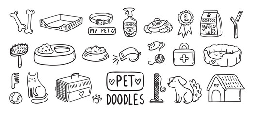 Pet Cat and Dog doodle hand drawn set elements. Pet stuff drawing isolated icons