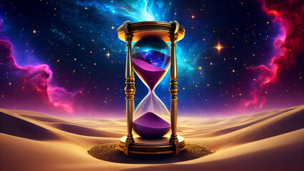 Time, Sand, and Cosmos: An Hourglass in a Desert Landscape under a Bright Galactic Sky, Symbolizing Eternity, Mystical Depth, and the Magic of the Universe Intertwined with the Concept of Infinity 