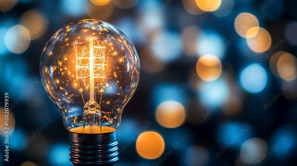 Poster a glowing vintage light bulb with a soft, blurred background of warm and cool bokeh lights.