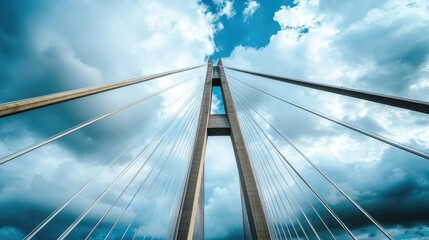 Low-angle view of bridge structure with angled beams against a dramatic cloudy sky, emphasizing scale and grandeur.