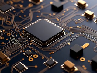 Blue circuit board digital background in FUI style with technology-inspired design