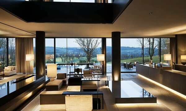 Modern hotel lobby with minimalist design, clean lines, and a view of a tranquil lake