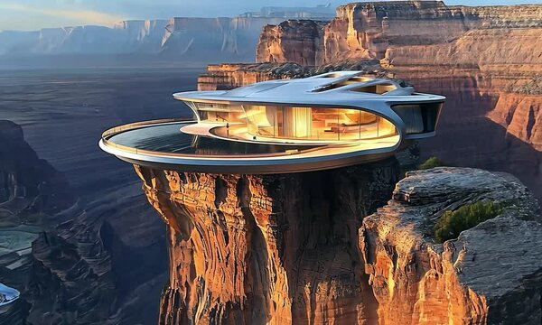Futuristic luxury home on a dramatic cliff edge, with advanced climate control and seamless design, showcasing a majestic view of a deep canyon and winding river