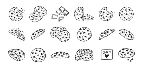 Chocolate chips cookie hand drawn doodle icon set. Drawing black and white sketch biscuit. Chocolate biscuit collection.