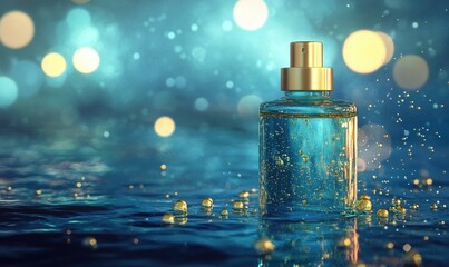 A bottle of perfume is on a table with a blue background