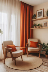 Cozy living room with orange accents