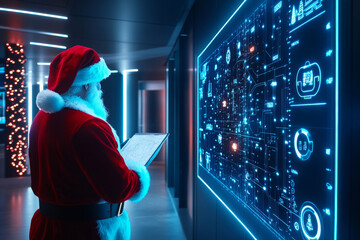 Santa Claus in a modern control room plans the distribution of gifts