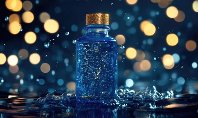 A bottle of water is sitting on a surface with water splashing around it