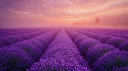 Lavender Field at Sunrise with Fog and a Pink Sky