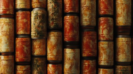 Background of multiple sealed food cans. canned food. Ultra realistic. Photorealistic hypermaximalist advertising photography hyper realistic fine detail