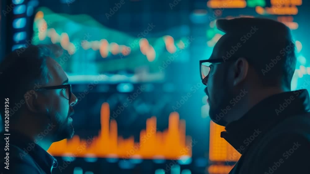 Poster two stockbrokers discussing cryptocurrency trading in a dimly lit room with glowing computer screens