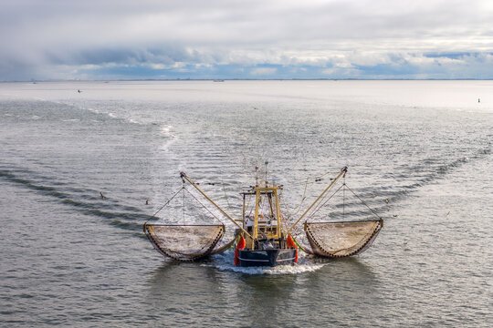 Aerial of fishing ship, boat trawling nets with gulls at Wadden sea