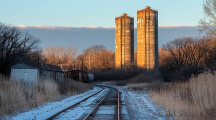 Fototapeta premium Two Silos on a Snowy Railroad Track at Sunset