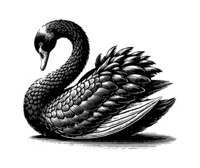 Naklejka premium black swan engraving black and white outline