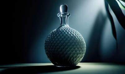 A glass vase with a blue top sits on a table