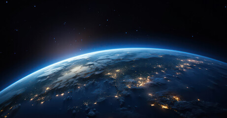 Fototapeta premium Earth from space, showcasing the atmosphere and illuminated continents against the vastness of the cosmos.
