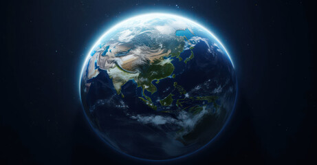 View of Earth from space showcasing its vibrant continents and swirling clouds.