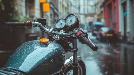 Motorcycle parked on a rainy street, water dripping off its handlebars as the heavy rain pours down
