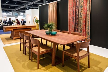 Vibrant Teak Dining Table Showcasing Warm Sunlit Colors in Stylish Exhibition Setting