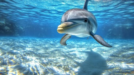 A Curious Dolphin Swimming Underwater with a Sandy Seabed