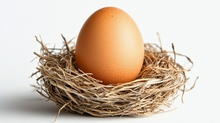 A single brown egg rests in a small, woven nest against a white background.