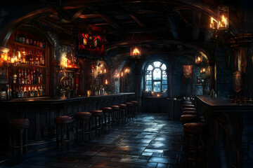 Fototapeta premium Illustration - Dark Medieval Tavern Interior Bar Scene