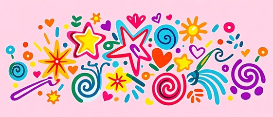 Bright colorful doodle pattern with stars, swirls, hearts, and flowers.