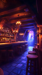 Illustration - Cozy Tavern Interior, Candlelight, Bar, Stools, Window