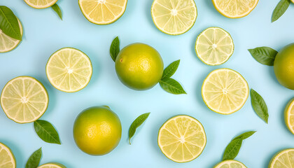 Isolated green lime pattern or wallpaper on light blue background. Summer concept of fresh ripe whole lime fruits shot from above, retro style