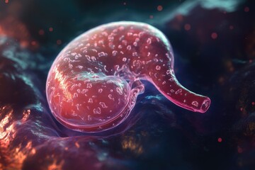 Animal cell magnified, showing cellular structures and organelles