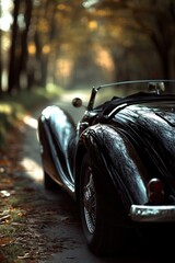A black car parked on the side of the road with its hazard lights on