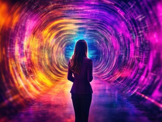 Woman in business attire exploring a colorful abstract tunnel digital art futuristic environment inspirational concept