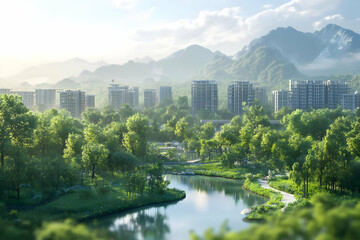 Fototapeta premium 3D Illustration Green City Nestled in Tranquil Mountain Valley
