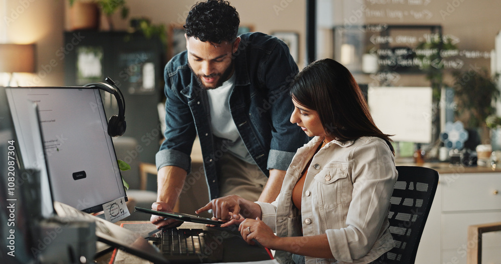 Poster Creative, help and business people with computer, tablet or online planning schedule at digital agency. Teamwork, man and woman in office for web design, programming or advice in software development