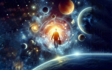 A man in a suit with a briefcase, a businessman in space among the planets.