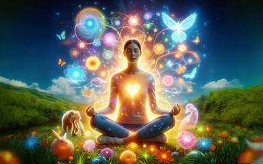 Woman in yoga pose meditating, achieving zen, understanding the universe, flowers and animals