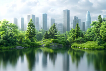 Fototapeta premium 3D Illustration Green City Nature Trees Lake Buildings Reflection Eco-Friendly