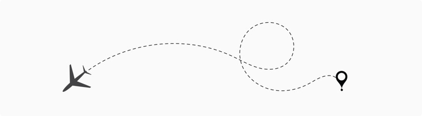 airplane path direction and destination red point, logo design template, holiday trip vector illustration