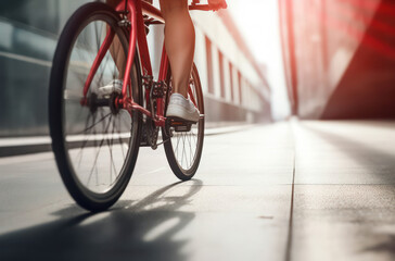 Naklejka premium Close-up of a cyclist's legs riding a red bicycle on an urban street during sunset.