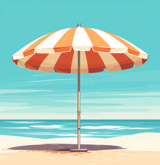 Fototapeta premium Colorful beach umbrella on sandy shore, with calm ocean waves in the background, evoking a serene summer vibe.