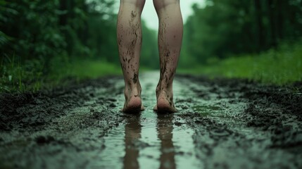 Person standing barefoot in the rain on a dirt road, mud and puddles all around. Raw and grounded scene