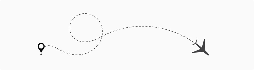 airplane routes in dashed line trace. Plane route lines of aircraft tracking, location pins, planes, travel, 