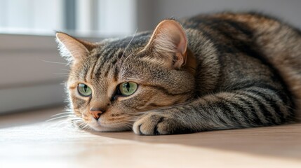 A sad striped cat with green eyes lies on the floor gazing sideways in a warm, sunlit room during the afternoon
