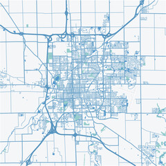 Map of Bloomington in Illinois in a professional blue style. Contains layered vector with roads water, parks, etc.