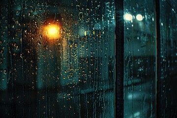 Naklejka premium A rainy street light viewed from indoors through a window, suitable for weather or urban-themed scenes