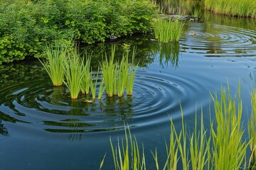 Obraz premium Calm Pond Reflections Surrounded by Lush Greenery and Gentle Water Ripples