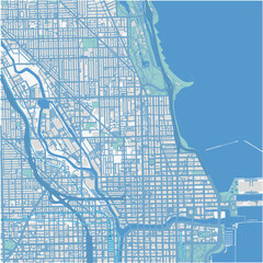 Map of Near North Side in Illinois in a professional blue style. Contains layered vector with roads water, parks, etc.