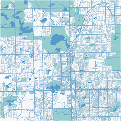 Map of Orland Park in Illinois in a professional blue style. Contains layered vector with roads water, parks, etc.