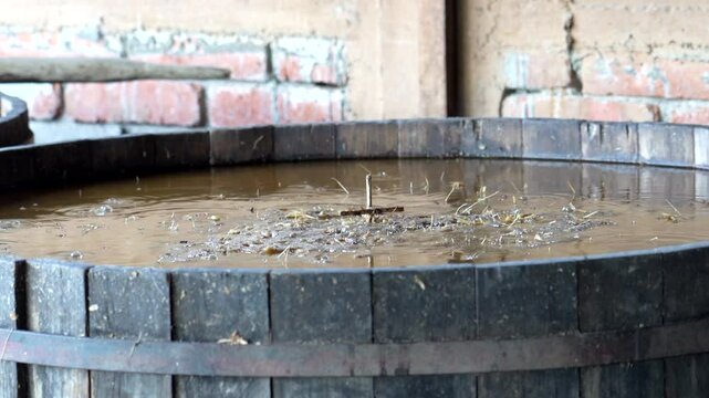 Fermenting agave pina in small vats prepares for mezcal production in oaxaca, mexico, showcasing traditional methods